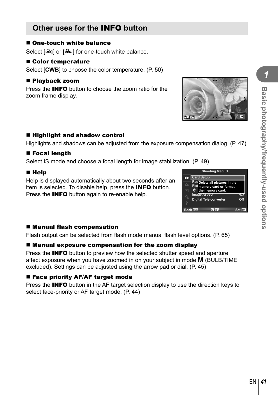 Other uses for the info button, Basic photography/frequently-used options, 41 en | Olympus EM5 User Manual | Page 41 / 133