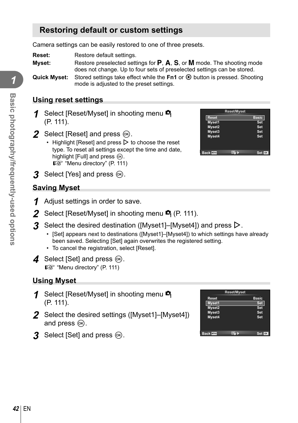 Restoring default or custom settings | Olympus EM5 User Manual | Page 42 / 133