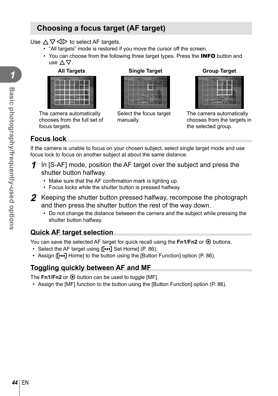 Choosing a focus target (af target) | Olympus EM5 User Manual | Page 44 / 133