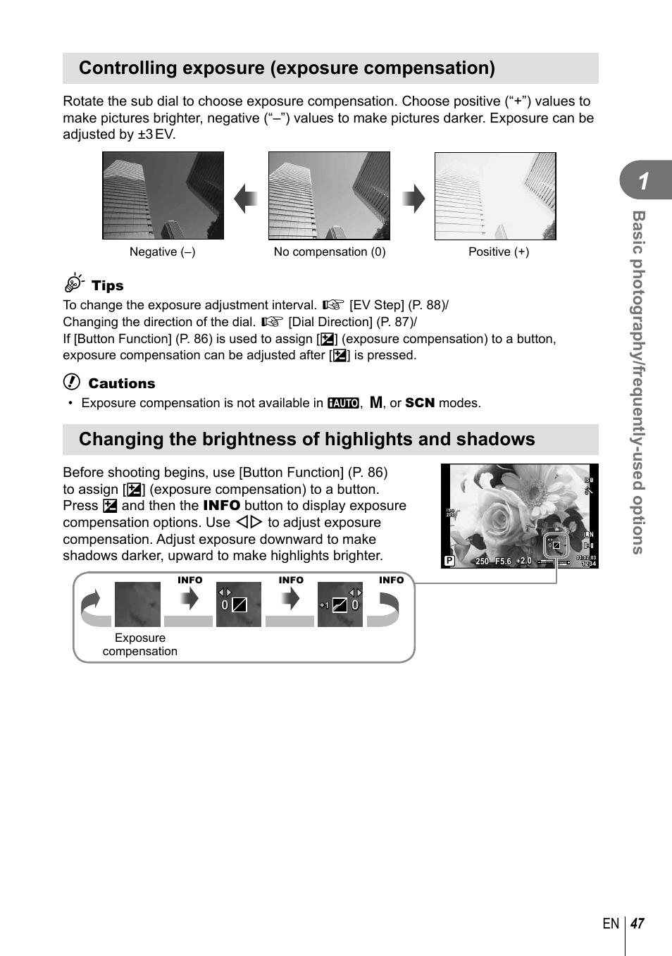 Controlling exposure (exposure compensation), Changing the brightness of highlights and shadows, Basic photography/frequently-used options | 47 en, Tips, Cautions | Olympus EM5 User Manual | Page 47 / 133