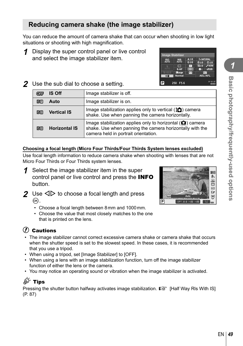 Reducing camera shake (the image stabilizer), Basic photography/frequently-used options, Use the sub dial to choose a setting | Use hi to choose a focal length and press q, 49 en | Olympus EM5 User Manual | Page 49 / 133