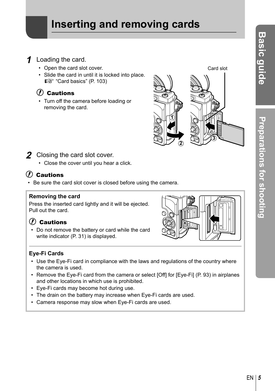 Inserting and removing cards, Basic guide, Preparations for shooting | Olympus EM5 User Manual | Page 5 / 133