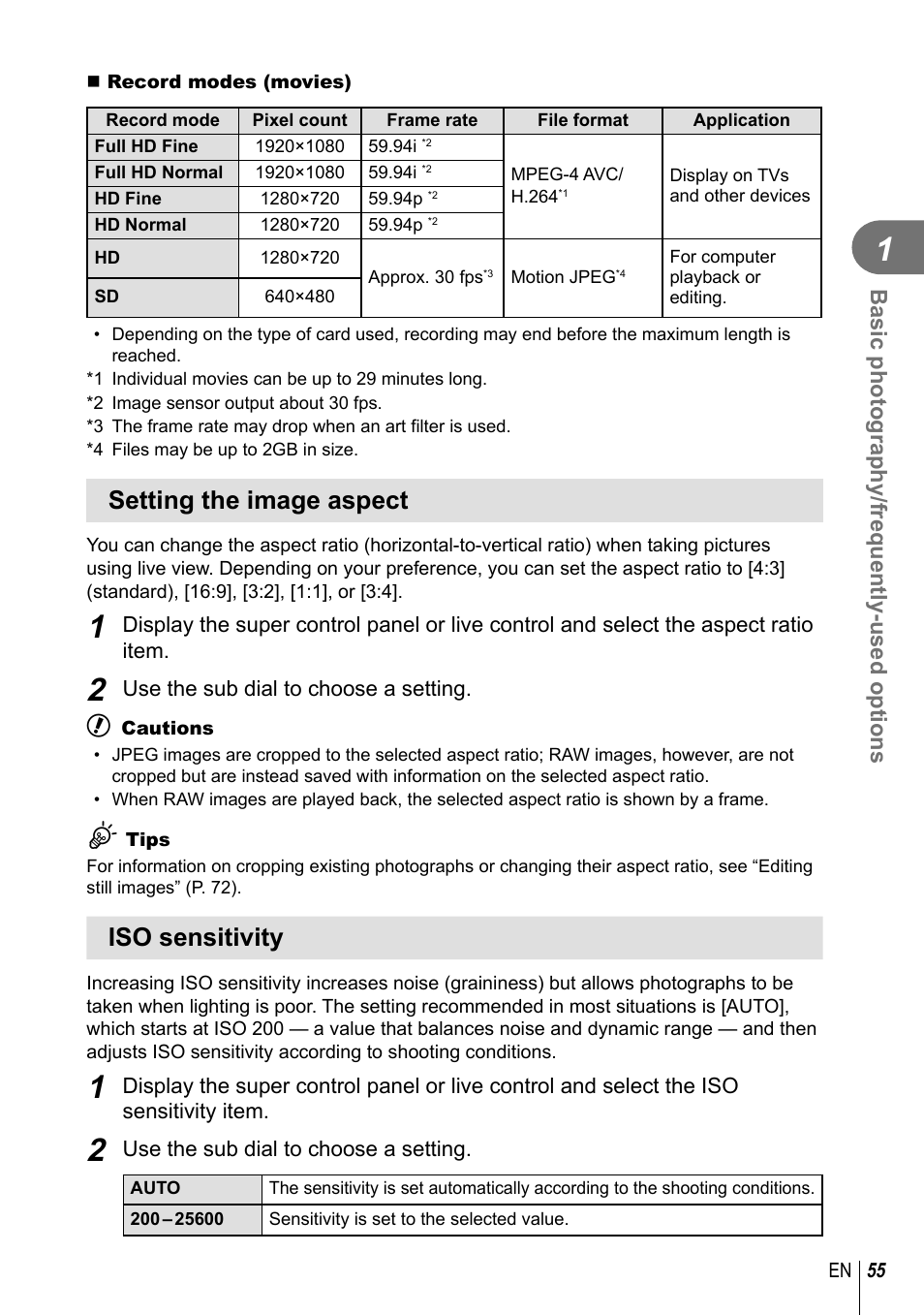 Setting the image aspect, Iso sensitivity, Basic photography/frequently-used options | Olympus EM5 User Manual | Page 55 / 133