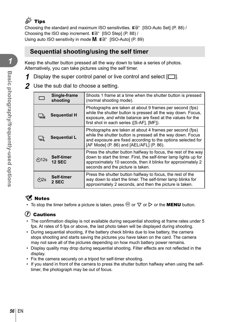 Sequential shooting/using the self timer | Olympus EM5 User Manual | Page 56 / 133