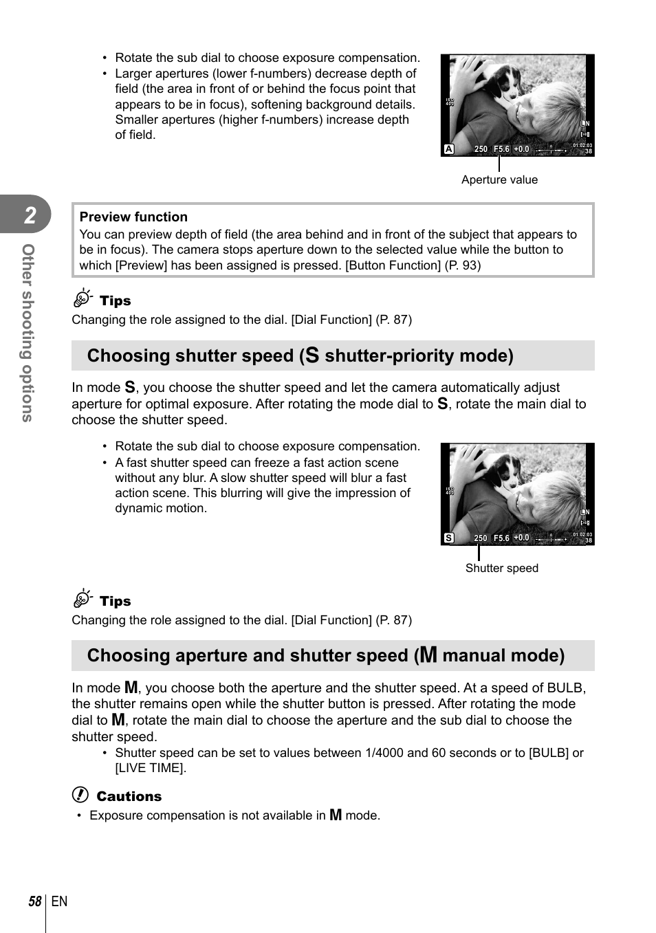 Choosing shutter speed ( s shutter-priority mode), Other shooting options, 58 en | Preview function, Tips, Cautions, Exposure compensation is not available in m mode | Olympus EM5 User Manual | Page 58 / 133