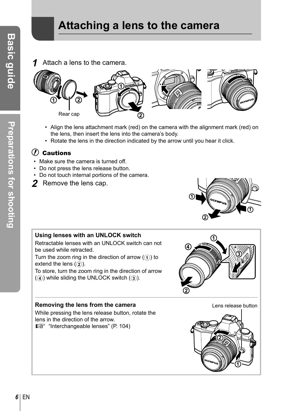 Attaching a lens to the camera, Basic guide, Preparations for shooting | Olympus EM5 User Manual | Page 6 / 133