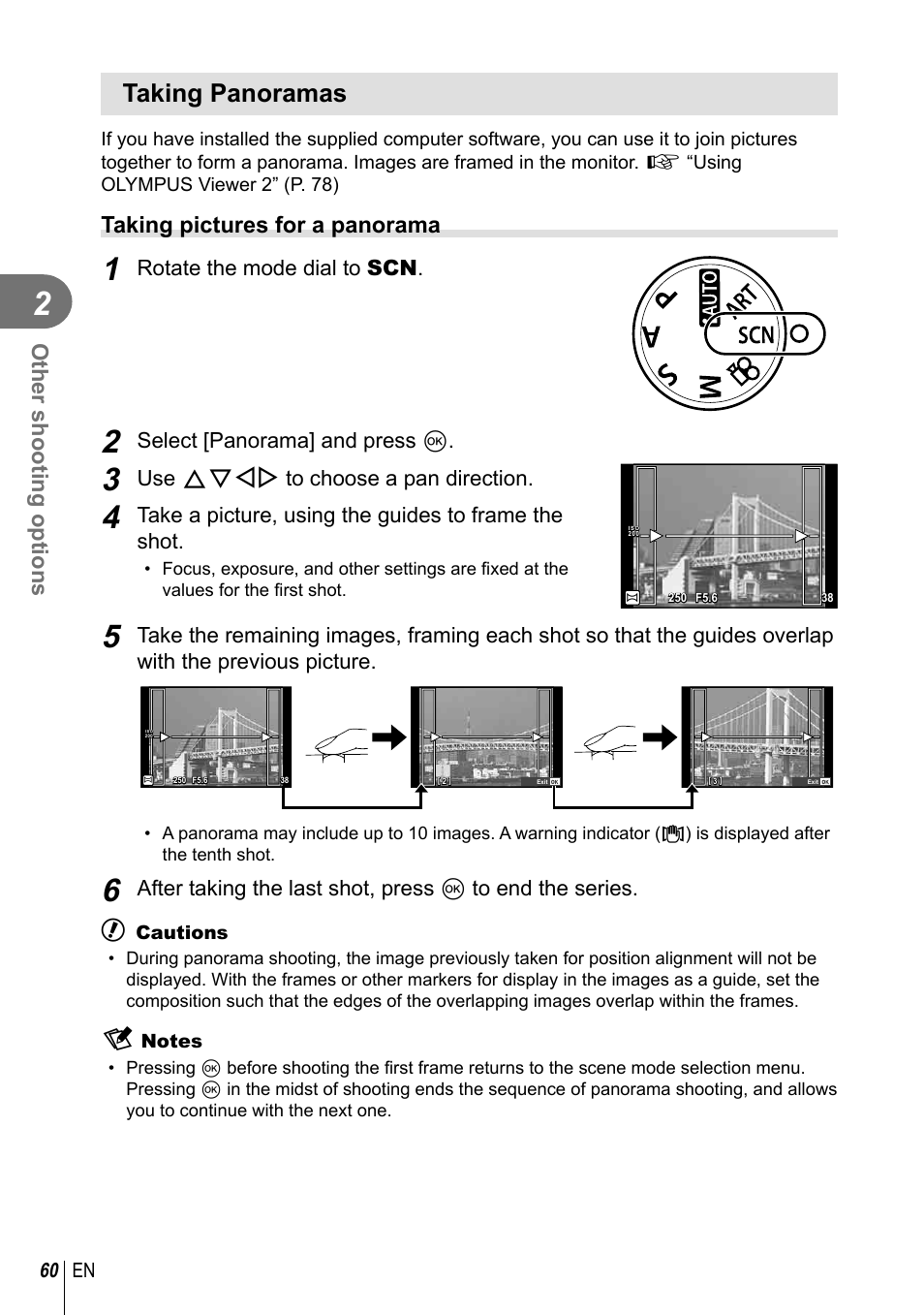 Taking panoramas, Other shooting options, Taking pictures for a panorama | Rotate the mode dial to scn, Select [panorama] and press q, Use fghi to choose a pan direction, Take a picture, using the guides to frame the shot | Olympus EM5 User Manual | Page 60 / 133