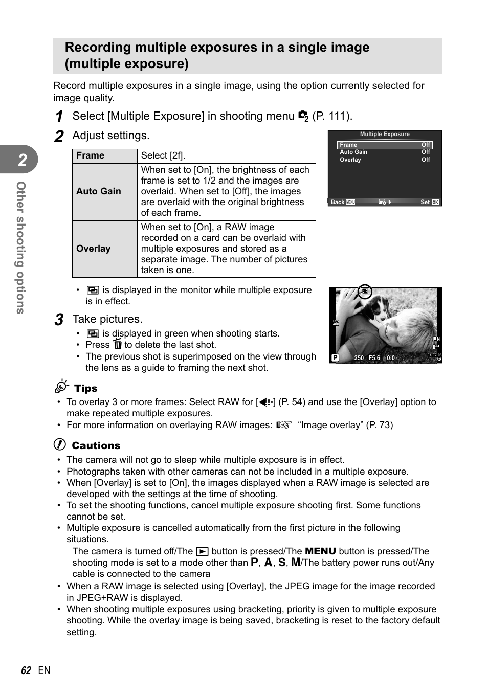Other shooting options, Adjust settings, Take pictures | 62 en | Olympus EM5 User Manual | Page 62 / 133