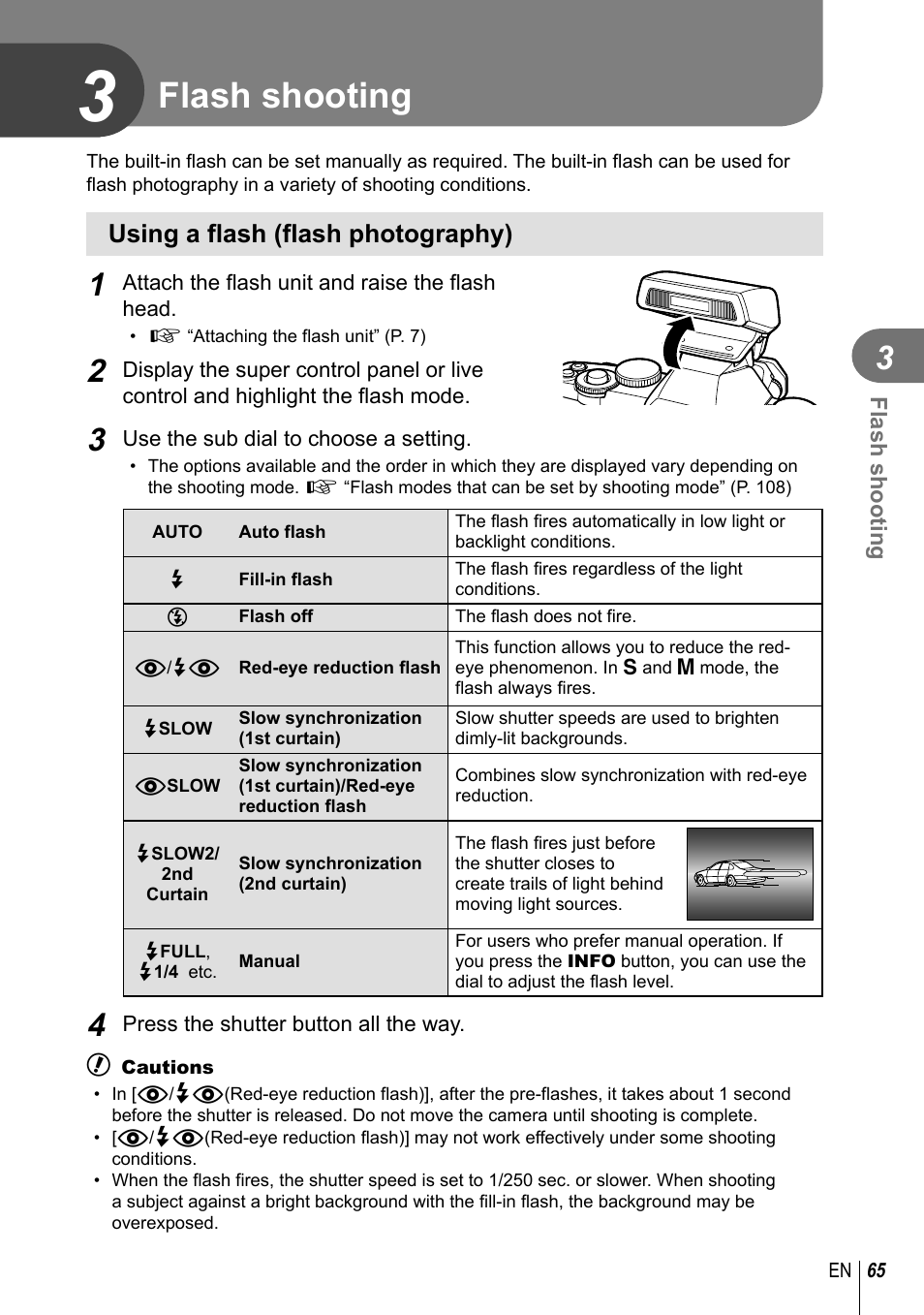 Flash shooting, Using a flash (flash photography) | Olympus EM5 User Manual | Page 65 / 133