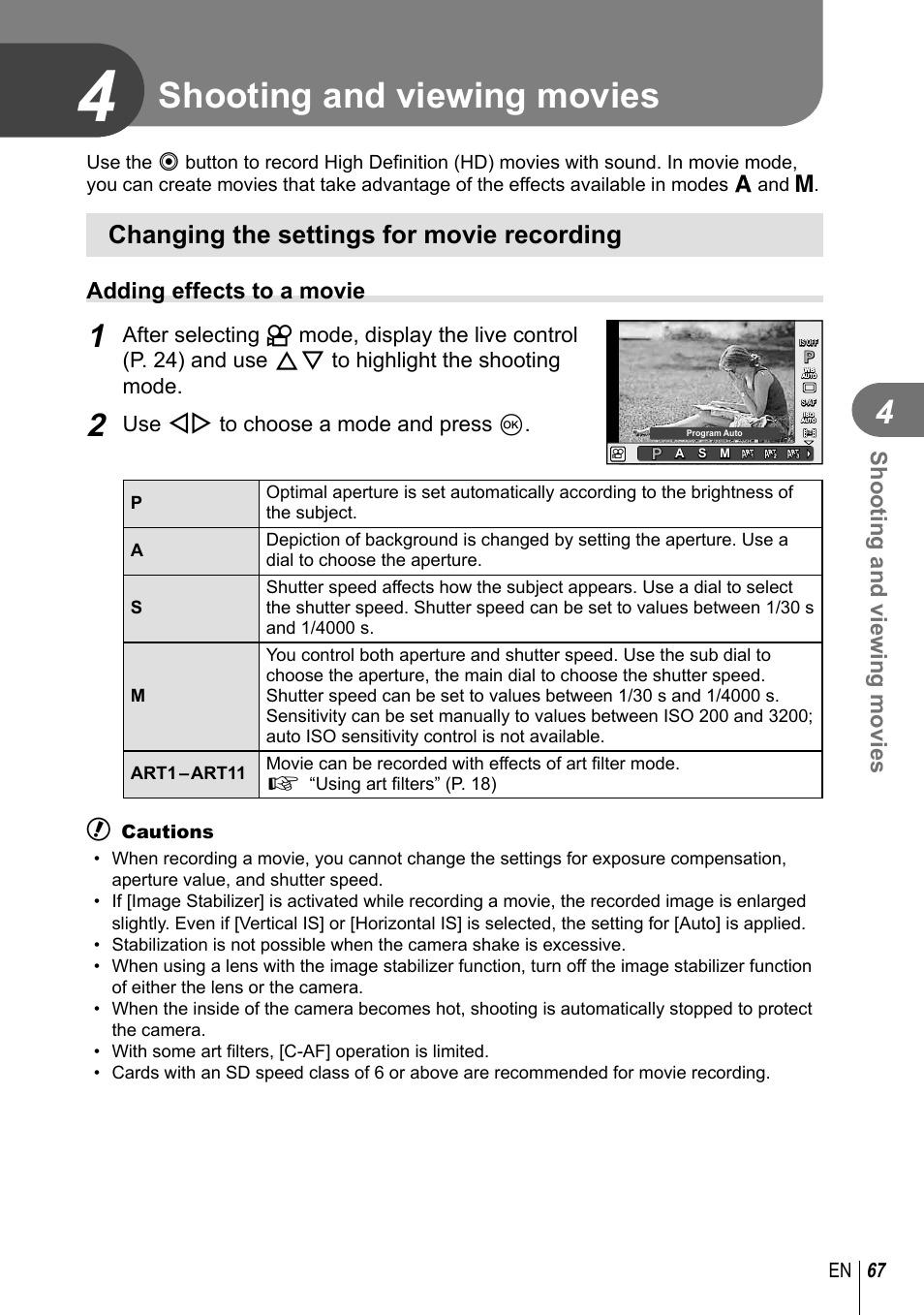 Shooting and viewing movies, Changing the settings for movie recording, Adding effects to a movie | Use hi to choose a mode and press q, 67 en | Olympus EM5 User Manual | Page 67 / 133