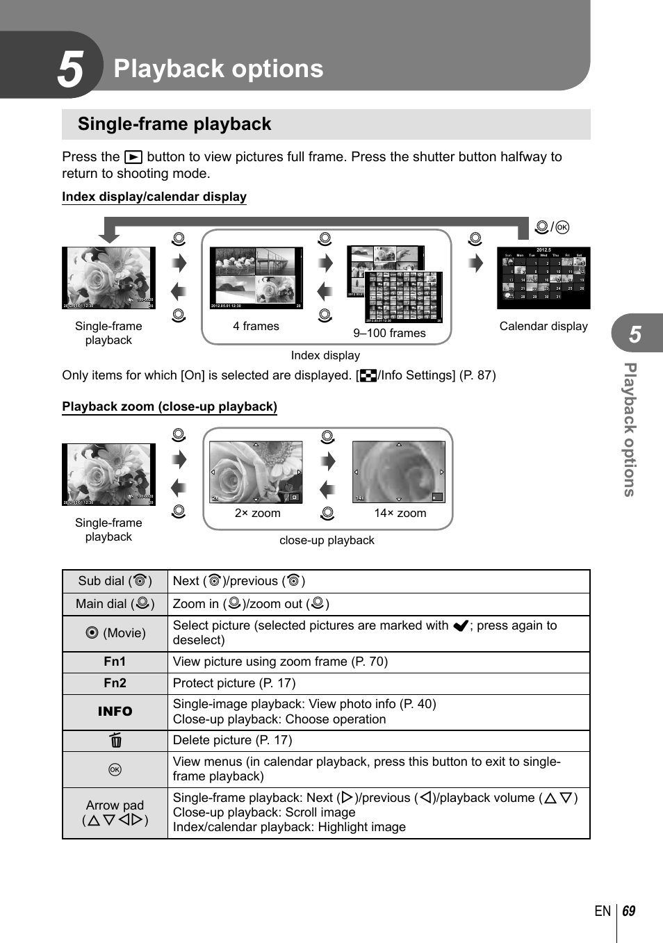 Playback options, Single-frame playback, 69 en | Qp q p q, Index display/calendar display | Olympus EM5 User Manual | Page 69 / 133