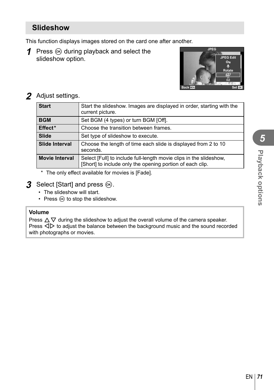 Slideshow, Playback options | Olympus EM5 User Manual | Page 71 / 133