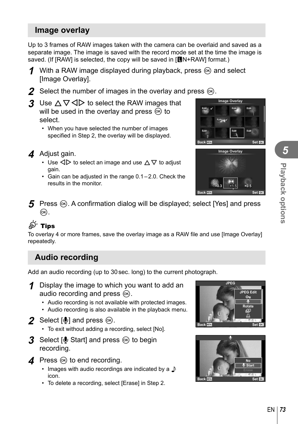 Image overlay, Audio recording, Playback options | Adjust gain, Select [r] and press q, Select [r start] and press q to begin recording, Press q to end recording | Olympus EM5 User Manual | Page 73 / 133