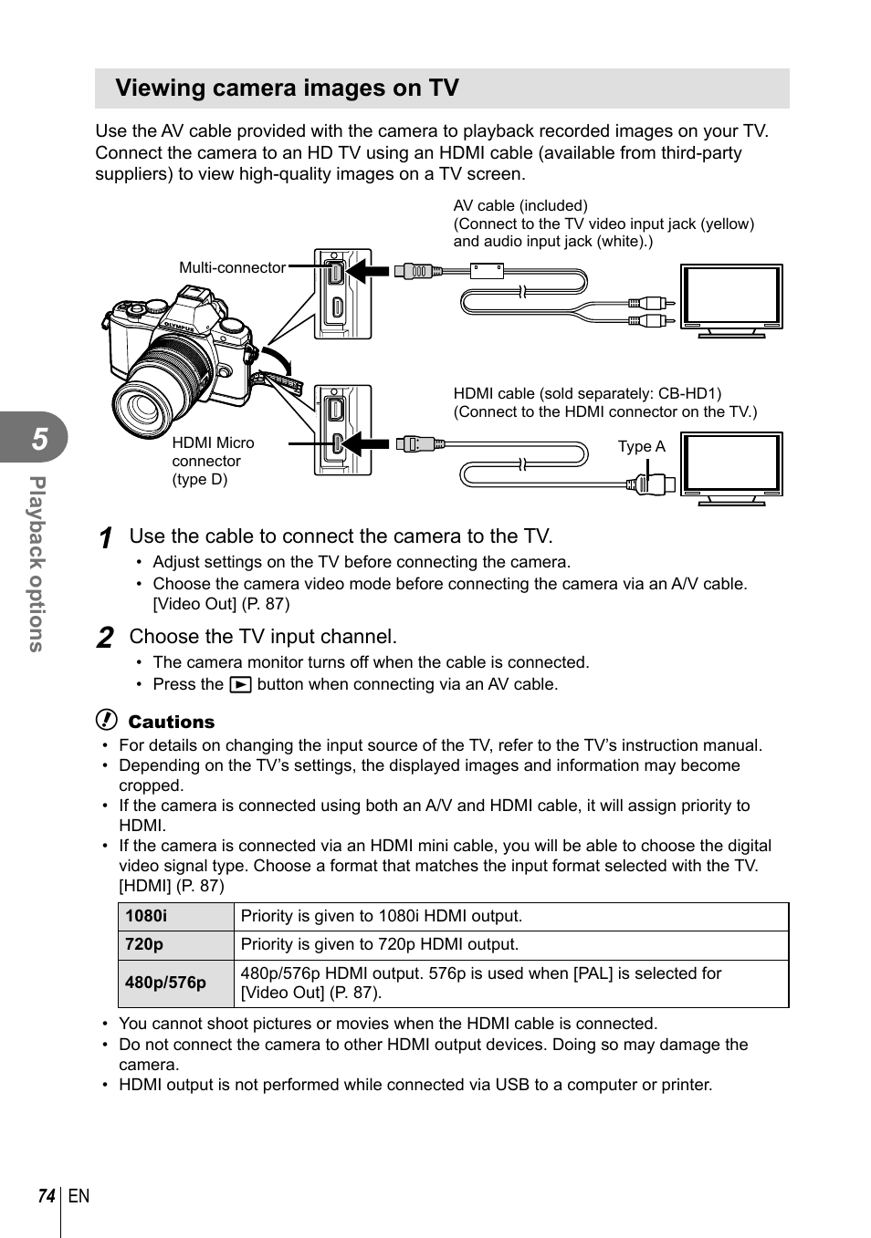Viewing camera images on tv | Olympus EM5 User Manual | Page 74 / 133