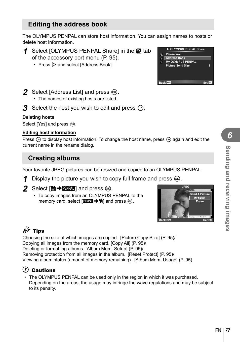 Editing the address book, Creating albums | Olympus EM5 User Manual | Page 77 / 133