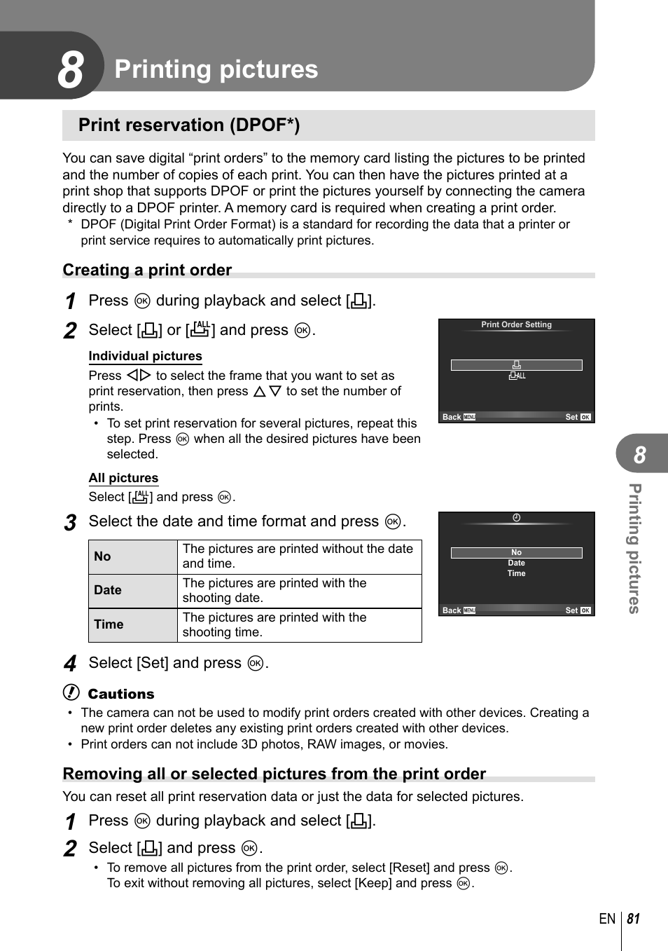 Printing pictures, Print reservation (dpof*) | Olympus EM5 User Manual | Page 81 / 133