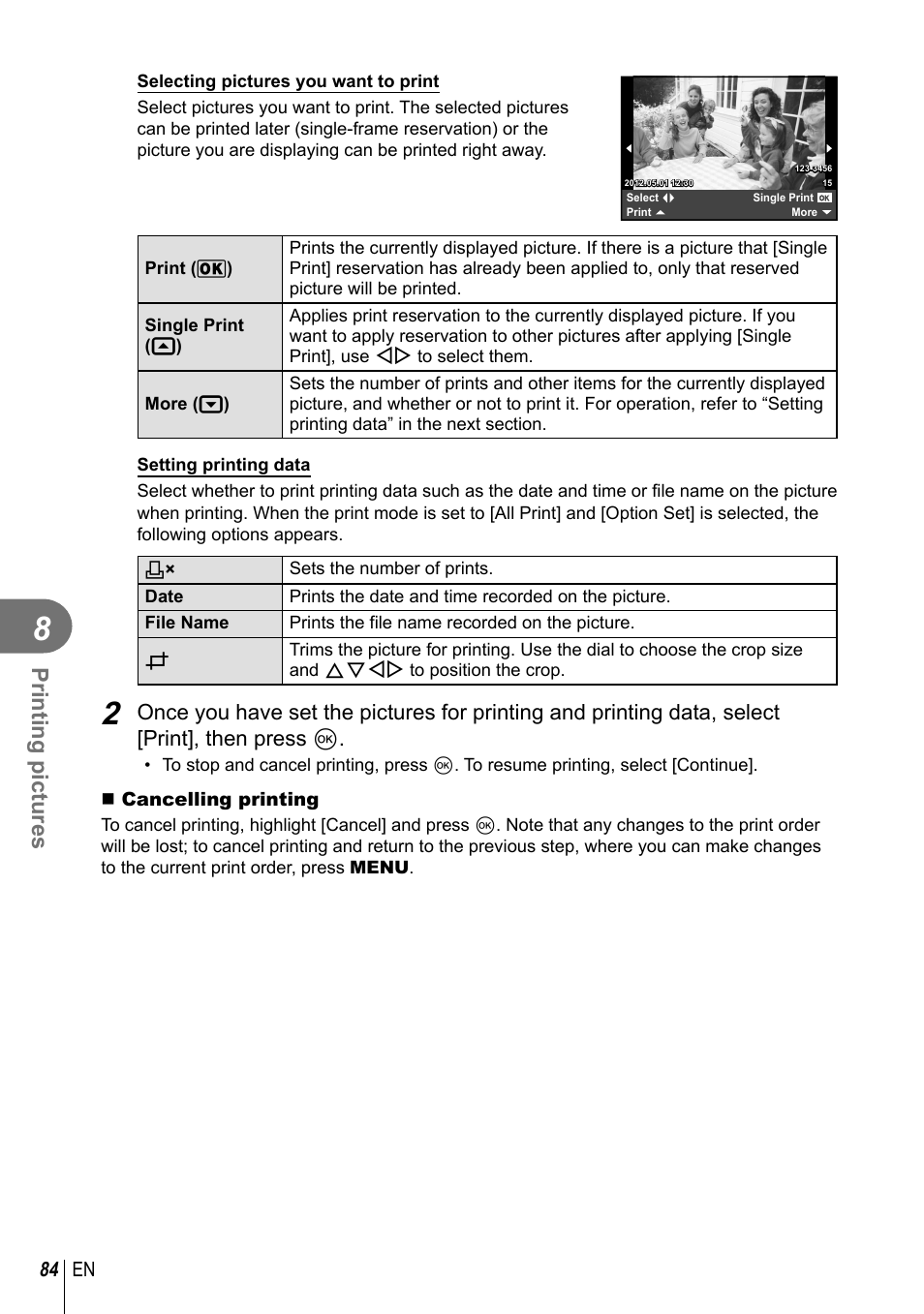 Printing pictures | Olympus EM5 User Manual | Page 84 / 133