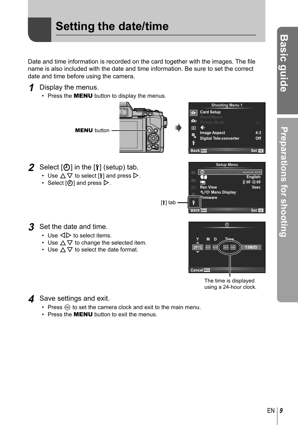 Setting the date/time, Basic guide, Preparations for shooting | Display the menus, Select [ x] in the [ d] (setup) tab, Set the date and time, Save settings and exit | Olympus EM5 User Manual | Page 9 / 133