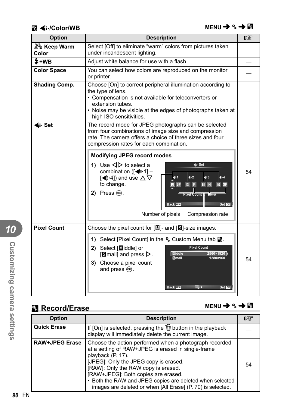Y record/erase, Customizing camera settings, 90 en | X k /color/wb | Olympus EM5 User Manual | Page 90 / 133