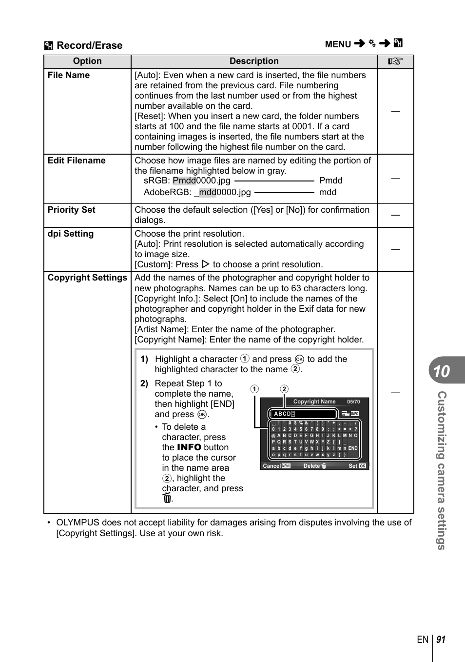 Customizing camera settings, 91 en, Y record/erase | Olympus EM5 User Manual | Page 91 / 133
