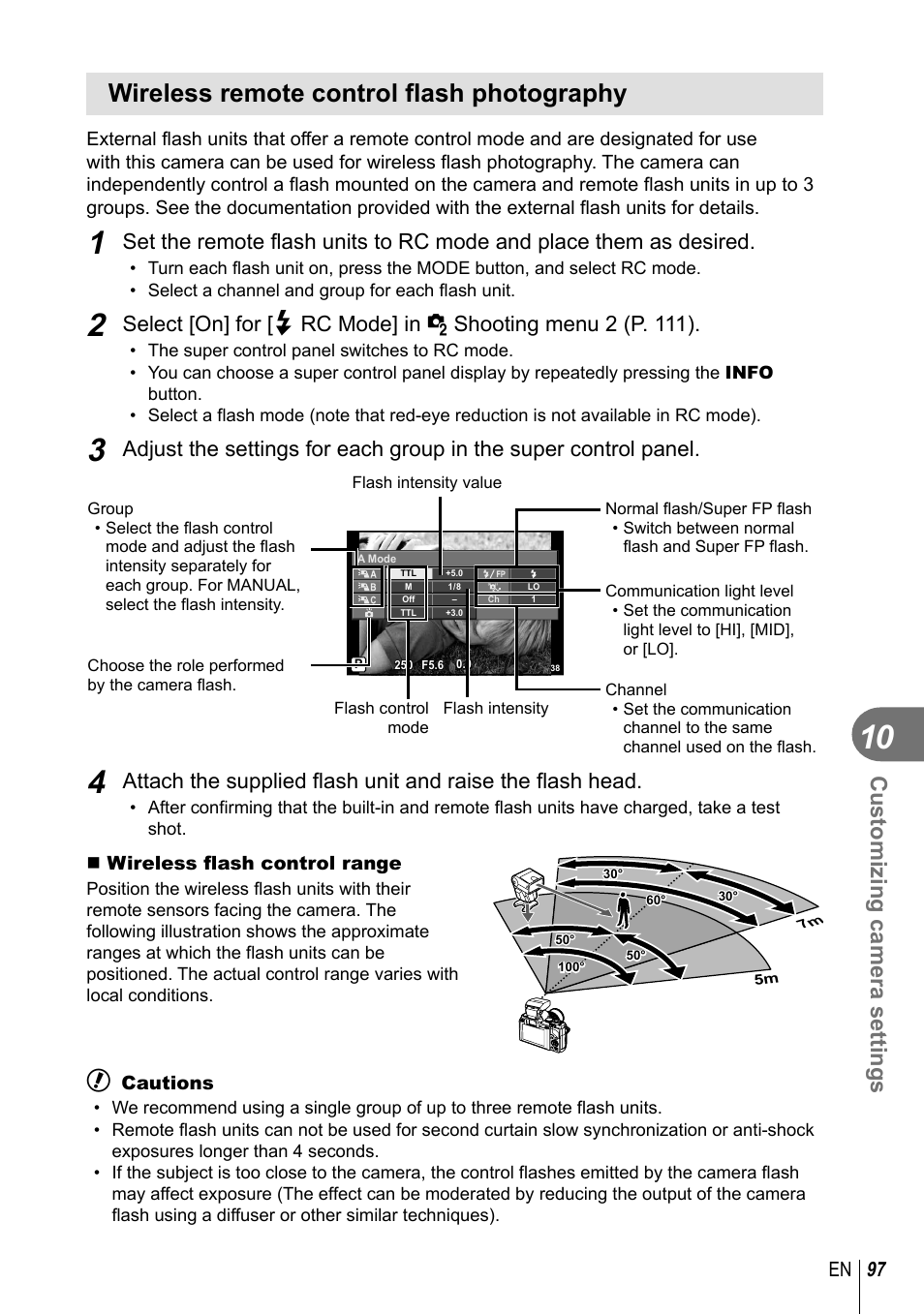 Wireless remote control flash photography, Customizing camera settings, 97 en | Olympus EM5 User Manual | Page 97 / 133