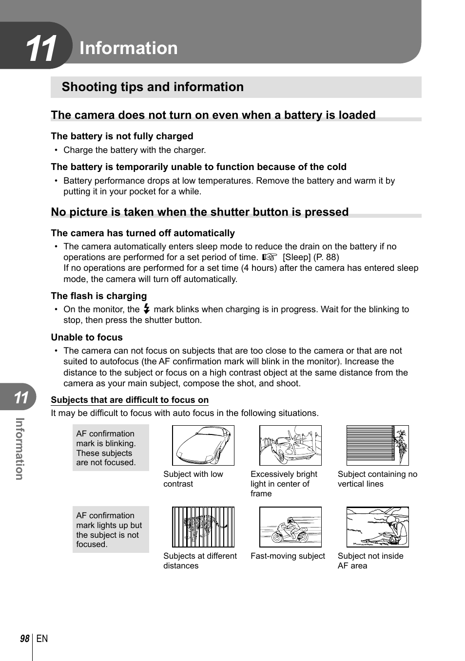 Information, Shooting tips and information | Olympus EM5 User Manual | Page 98 / 133