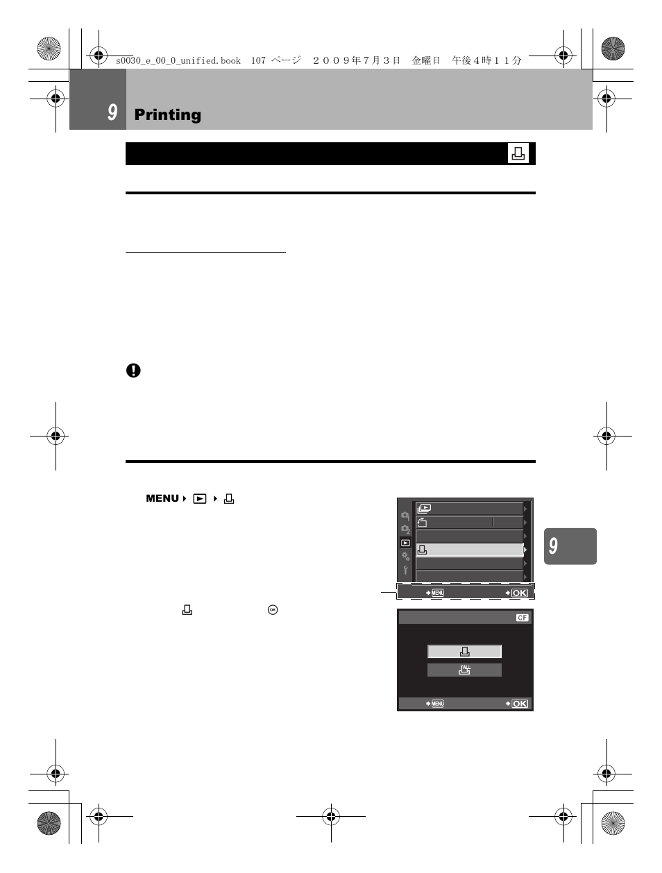 Printing, Print reservation (dpof) | Olympus E-600 User Manual | Page 107 / 155