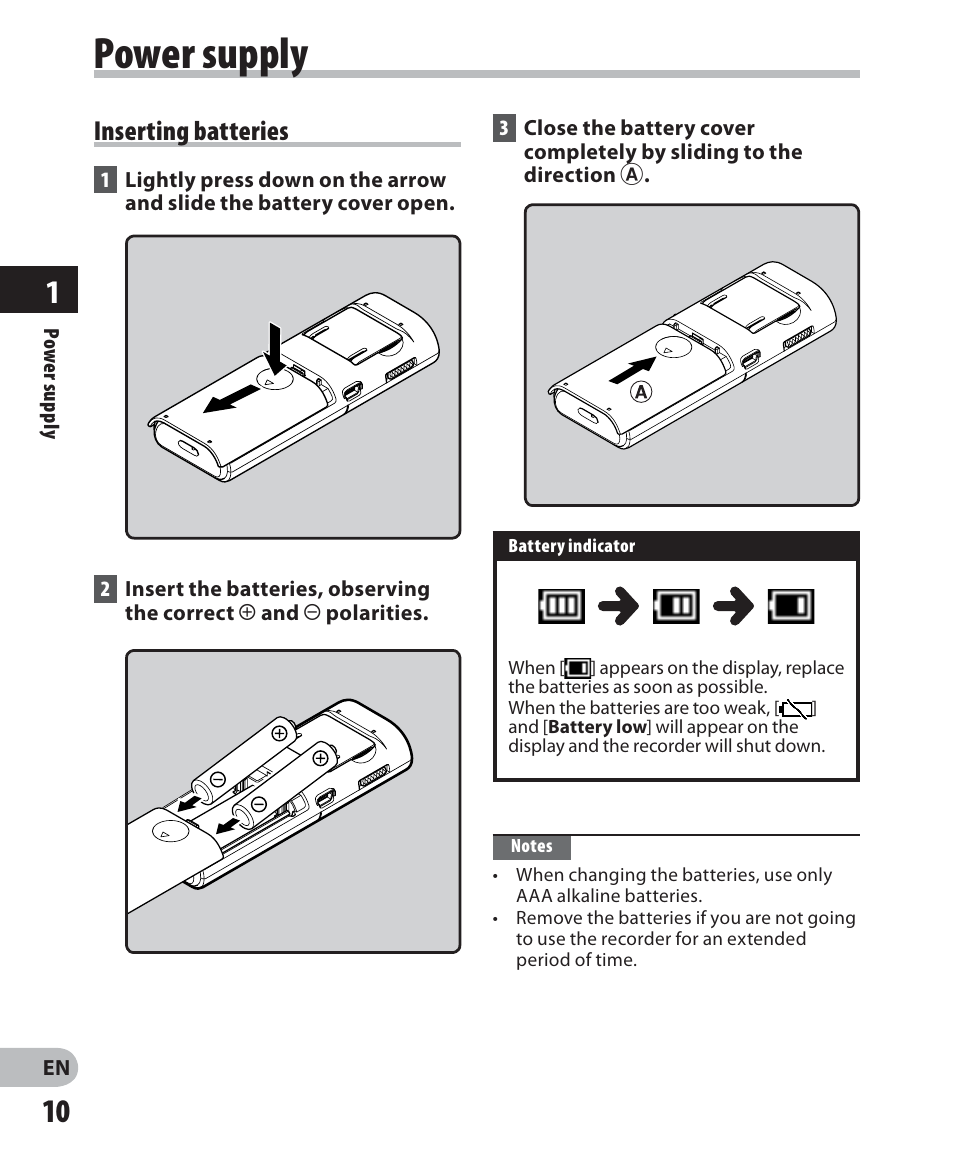 Power supply, Inserting batteries | Olympus VN-711PC User Manual | Page 10 / 46