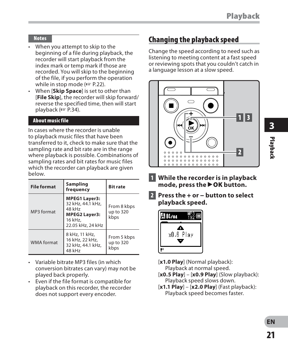 Playback, Changing the playback speed | Olympus VN-711PC User Manual | Page 21 / 46