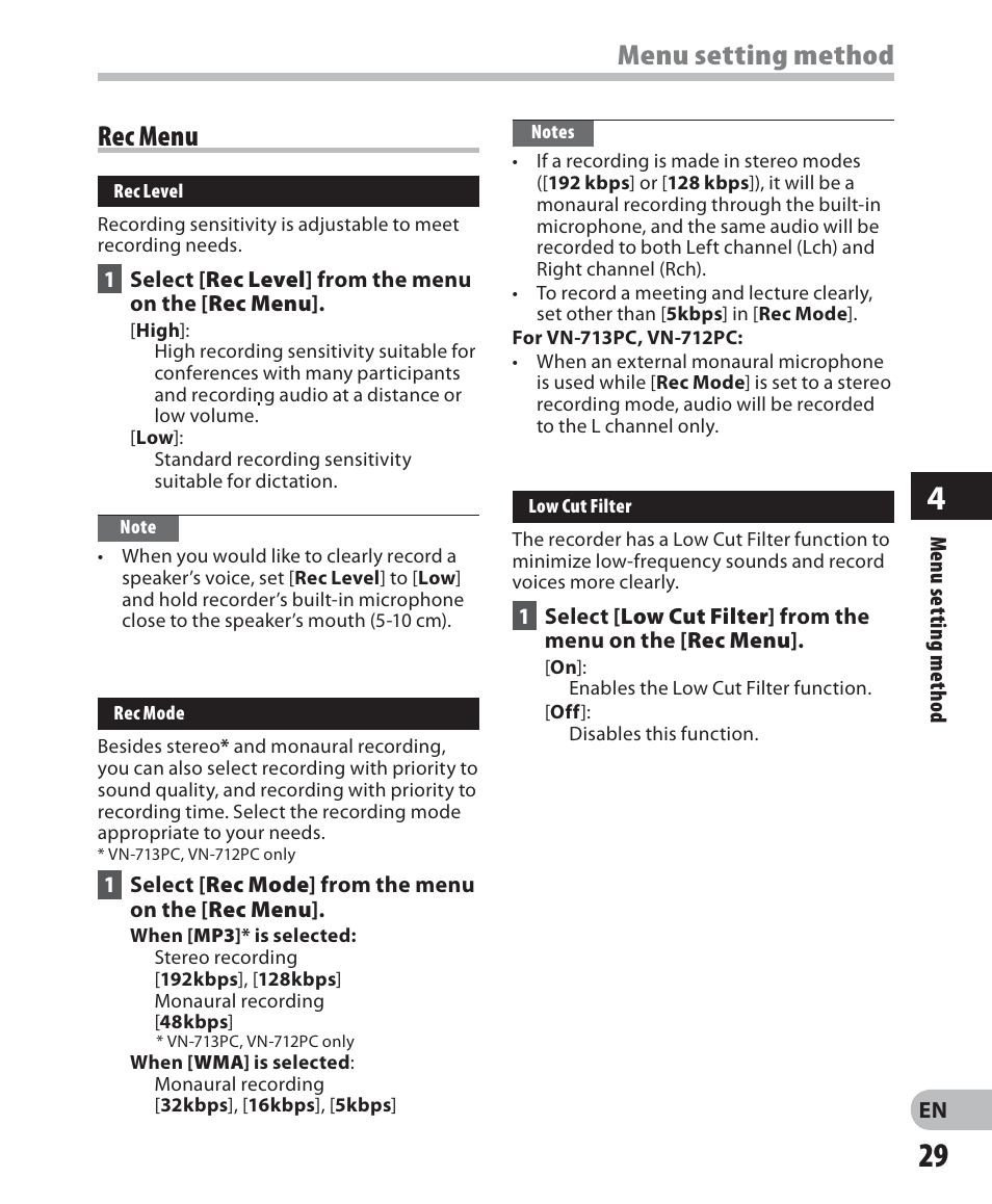 Menu setting method, Rec menu | Olympus VN-711PC User Manual | Page 29 / 46