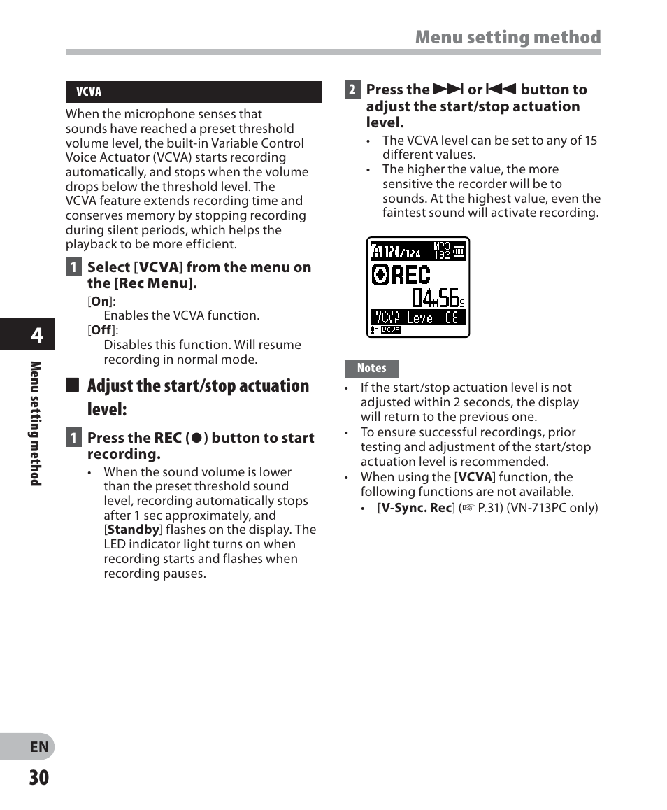 Menu setting method, 4 adjust the start/stop actuation level | Olympus VN-711PC User Manual | Page 30 / 46