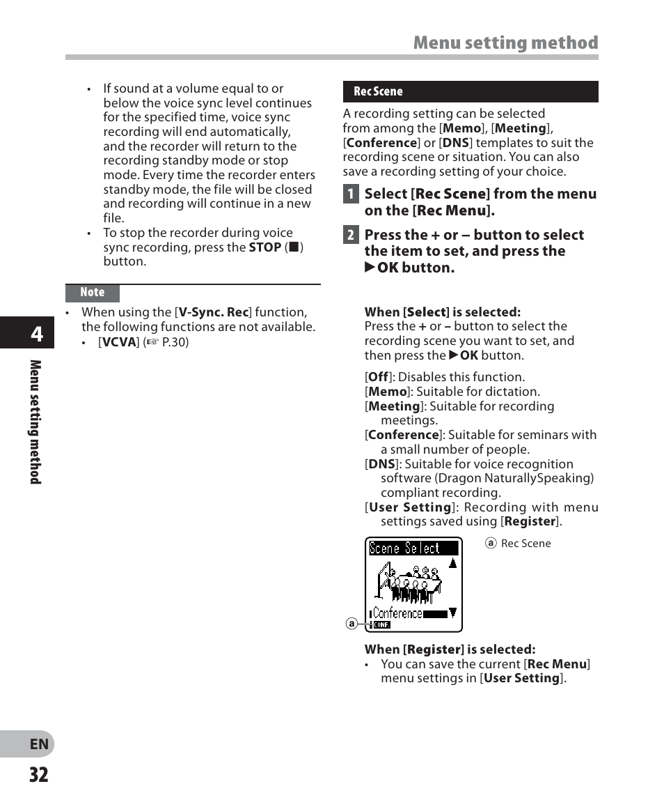 Menu setting method | Olympus VN-711PC User Manual | Page 32 / 46