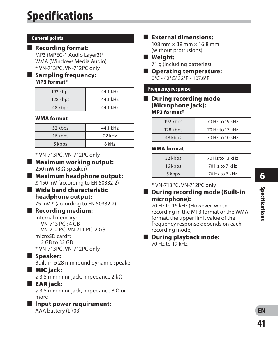 Specifications | Olympus VN-711PC User Manual | Page 41 / 46