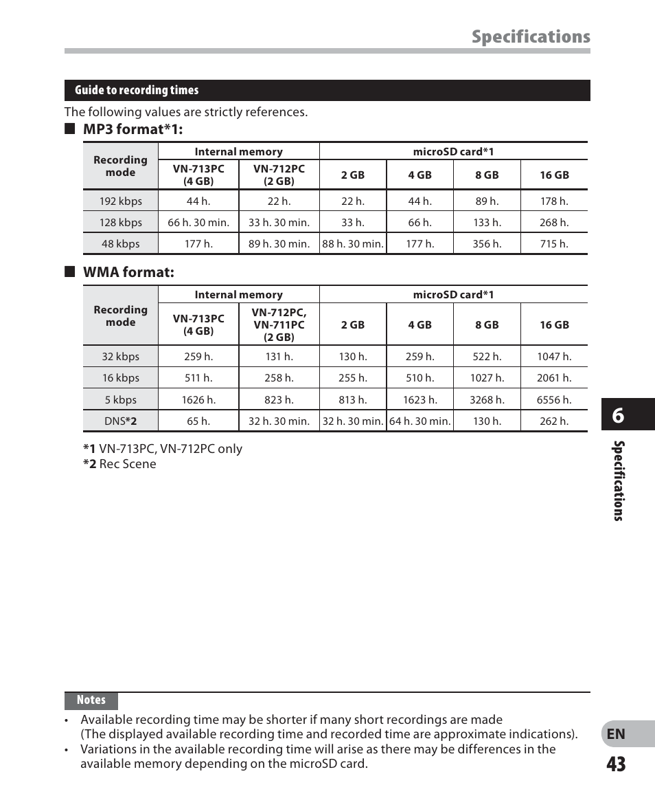 Specifications, En spec if ic ations, 4 mp3 format*1 | 4 wma format | Olympus VN-711PC User Manual | Page 43 / 46