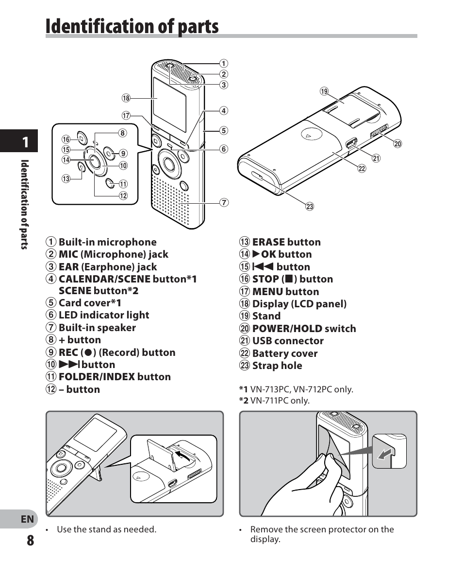 Identification of parts | Olympus VN-711PC User Manual | Page 8 / 46