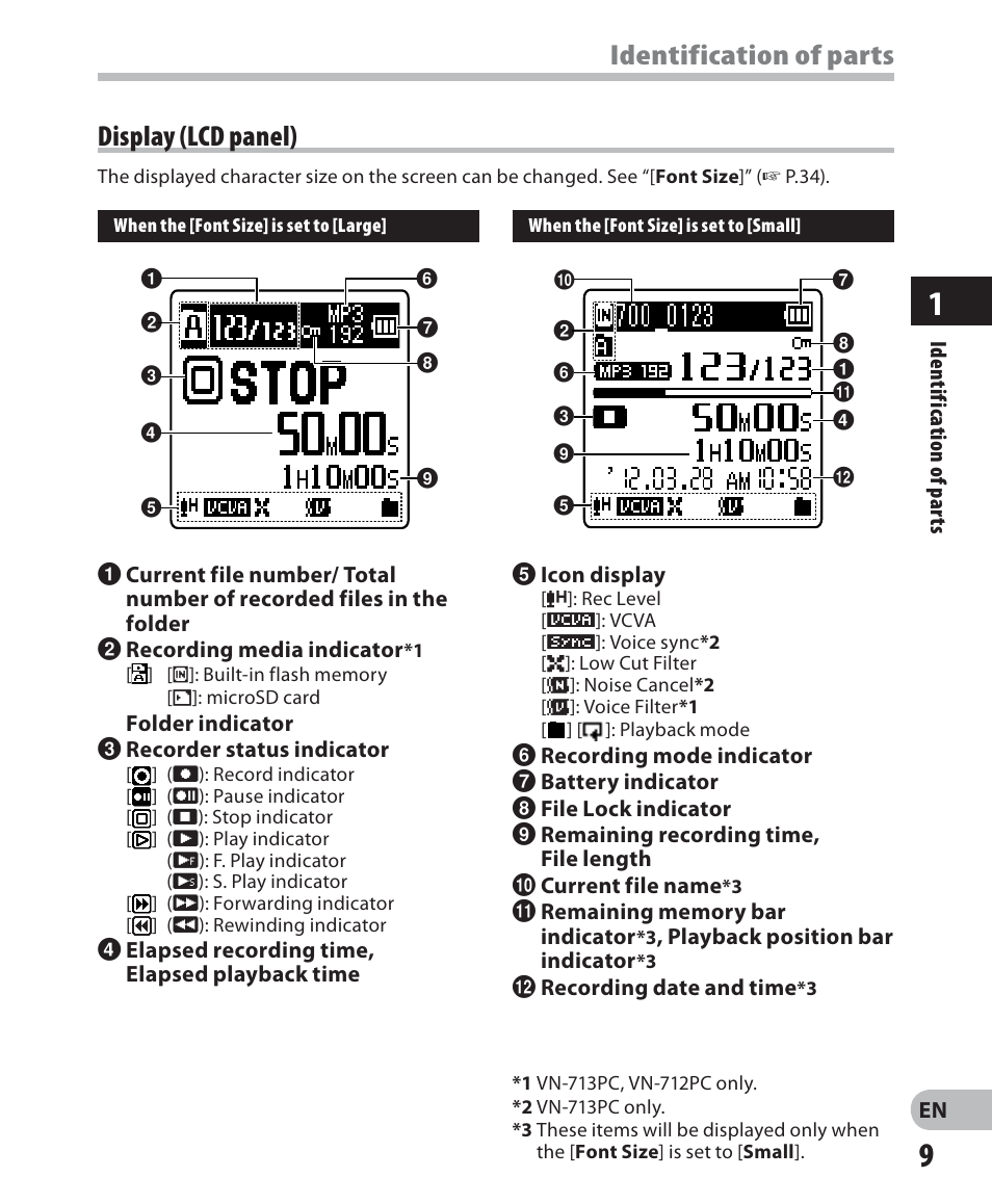 Identification of parts display (lcd panel) | Olympus VN-711PC User Manual | Page 9 / 46