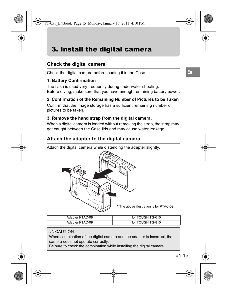 Install the digital camera, Check the digital camera, Attach the adapter to the digital camera | Olympus PT-051 User Manual | Page 15 / 30