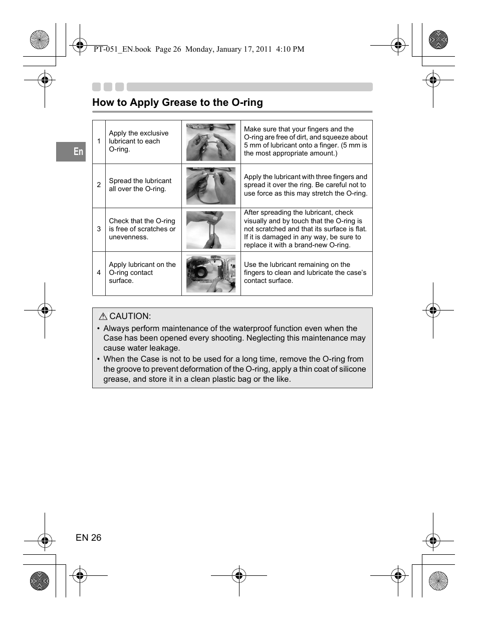 How to apply grease to the o-ring | Olympus PT-051 User Manual | Page 26 / 30