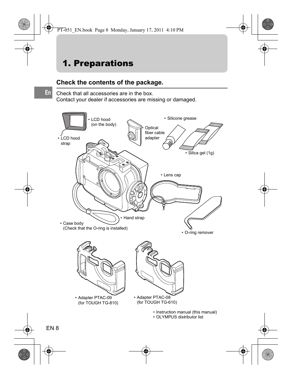 Preparations, Check the contents of the package | Olympus PT-051 User Manual | Page 8 / 30