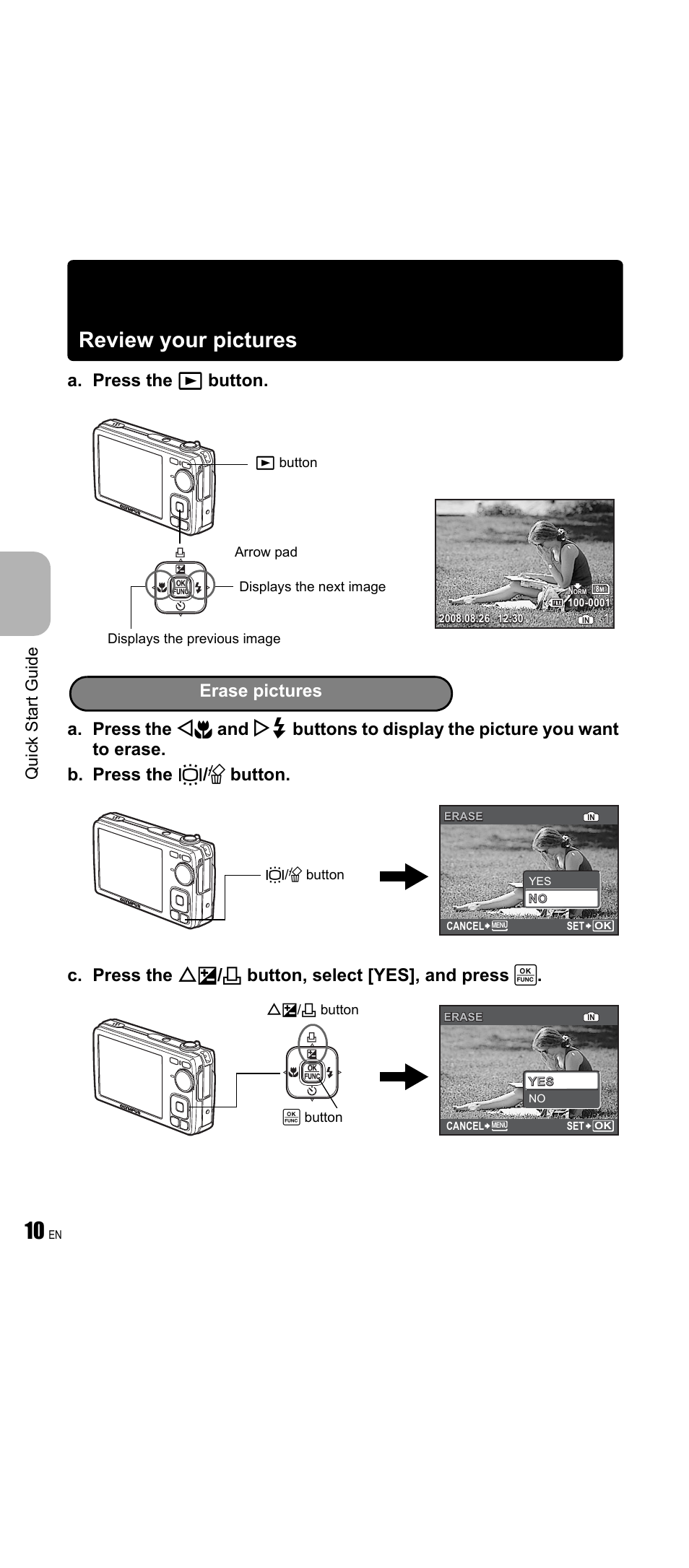 Review your pictures, Erase pictures, Qu ic k s ta rt gu id e | Olympus FE-350 Wide User Manual | Page 10 / 63