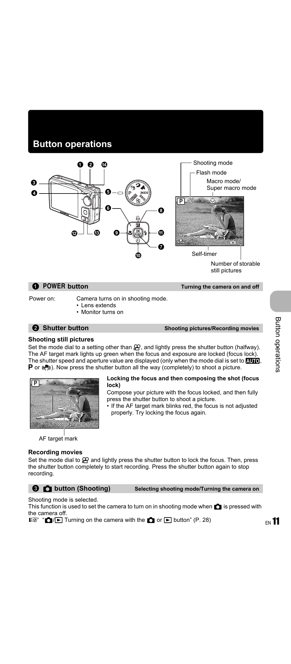 Button operations, Turning the camera on and off, Shooting pictures/recording movies | Selecting shooting mode/turning the camera on, P. 11, 11 button operations, Butt on op erati o ns | Olympus FE-350 Wide User Manual | Page 11 / 63