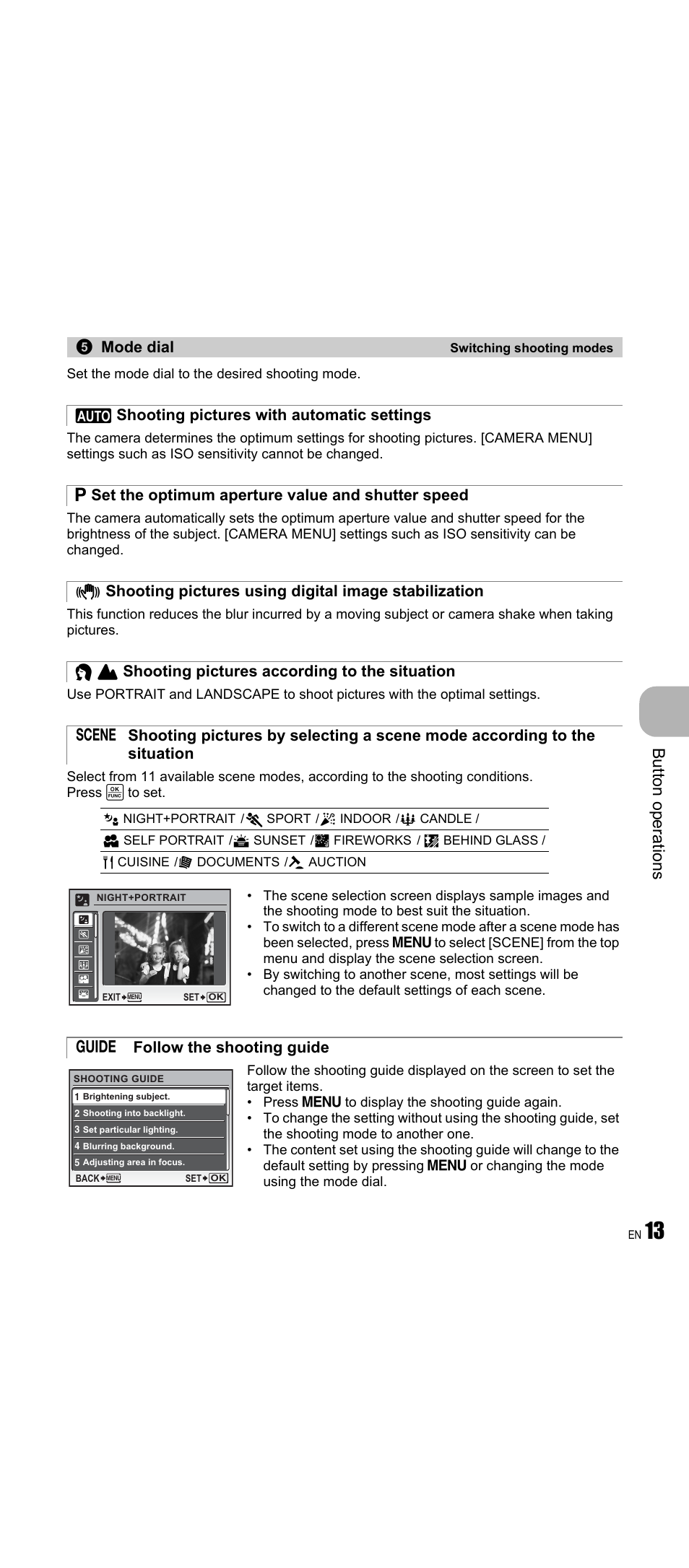 Switching shooting modes, Shooting pictures with automatic settings, Set the optimum aperture value and shutter speed | Shooting pictures according to the situation, Follow the shooting guide, Butt on op erati o ns | Olympus FE-350 Wide User Manual | Page 13 / 63