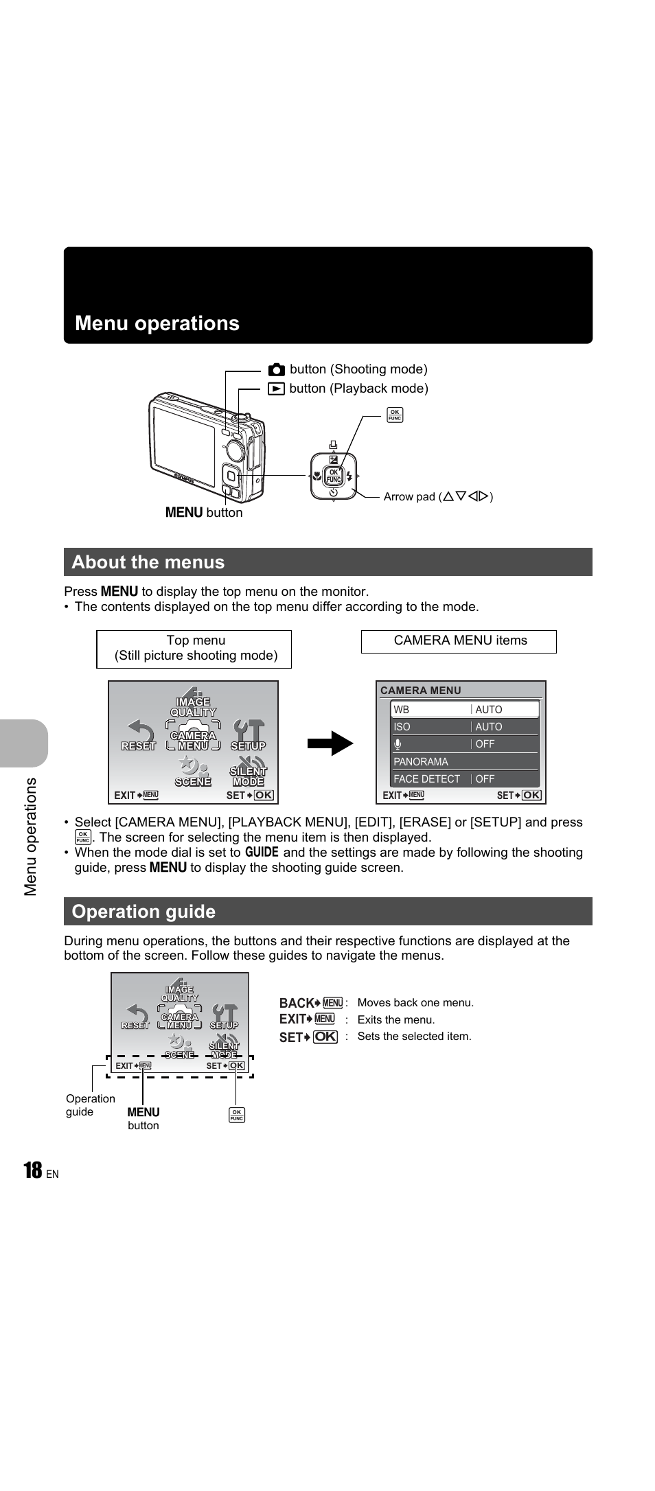 Menu operations, About the menus, Operation guide | P. 18, About the menus operation guide, Menu ope rati ons, M button, K button (shooting mode) q button (playback mode), Back, Exit | Olympus FE-350 Wide User Manual | Page 18 / 63