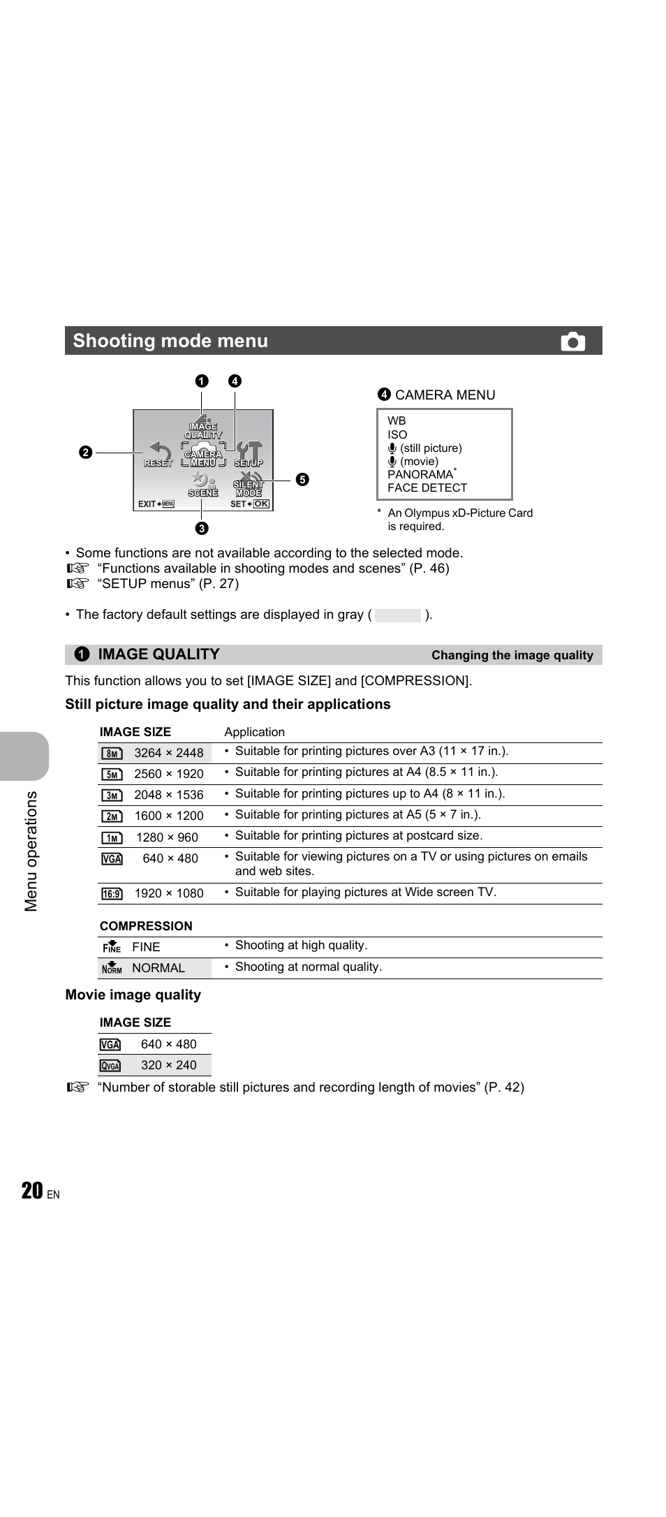 Shooting mode menu, Changing the image quality, Image quality changing the image quality” (p. 20) | Shooting mode menu k, Menu ope rati ons, Image quality | Olympus FE-350 Wide User Manual | Page 20 / 63