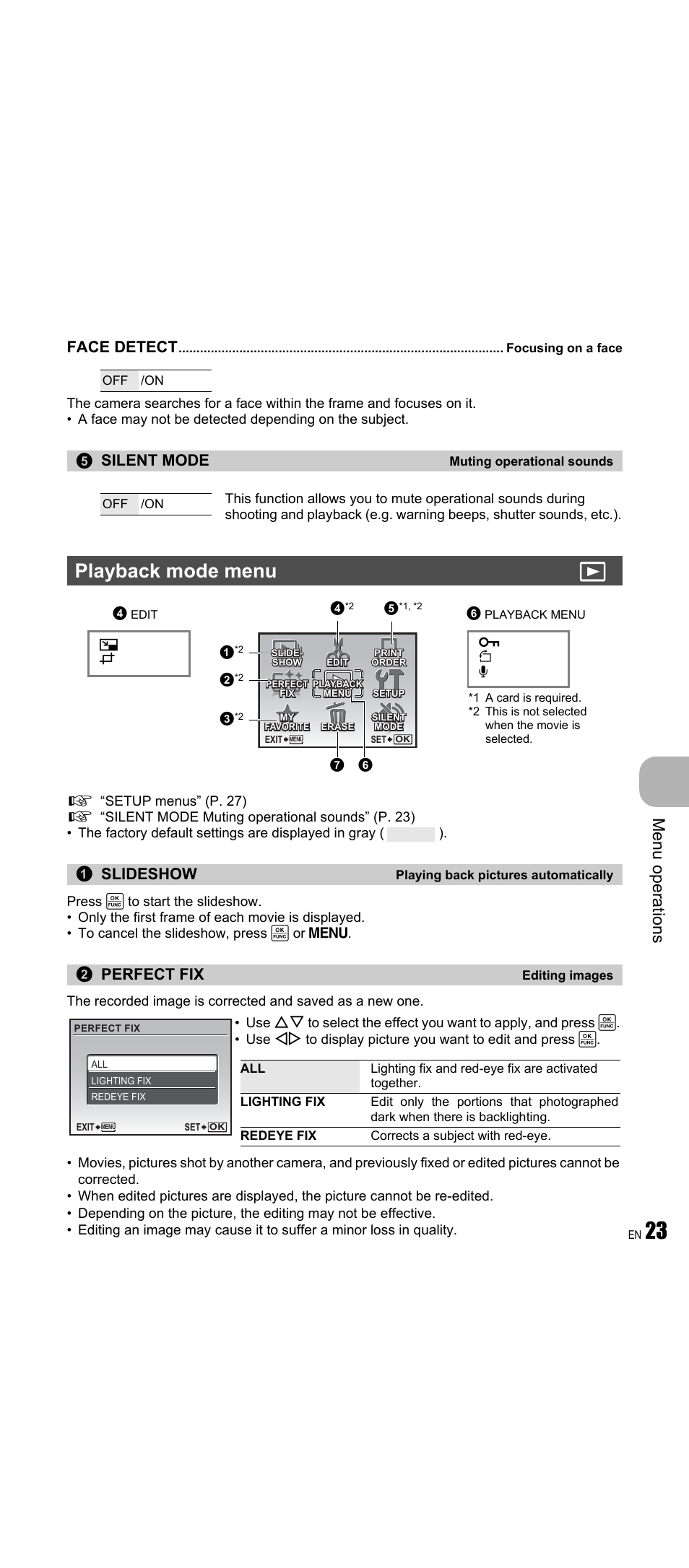 Focusing on a face, Muting operational sounds, Playback mode menu | Playing back pictures automatically, Editing images, P. 23, Playback mode menu q, Me nu opera tions, Face detect, Silent mode | Olympus FE-350 Wide User Manual | Page 23 / 63