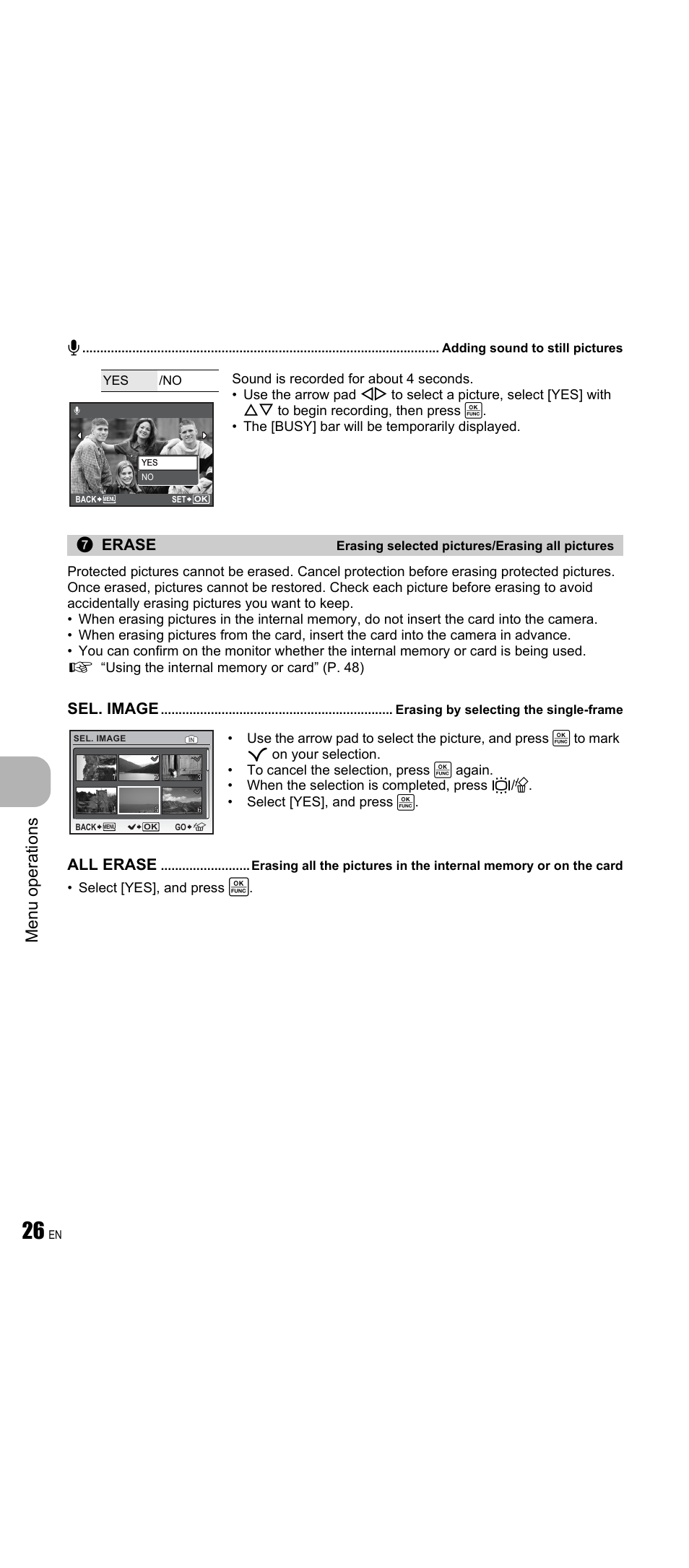 Adding sound to still pictures, Erasing selected pictures/erasing all pictures, Erasing by selecting the single-frame | Menu ope rati ons, Erase, Sel. image, All erase | Olympus FE-350 Wide User Manual | Page 26 / 63