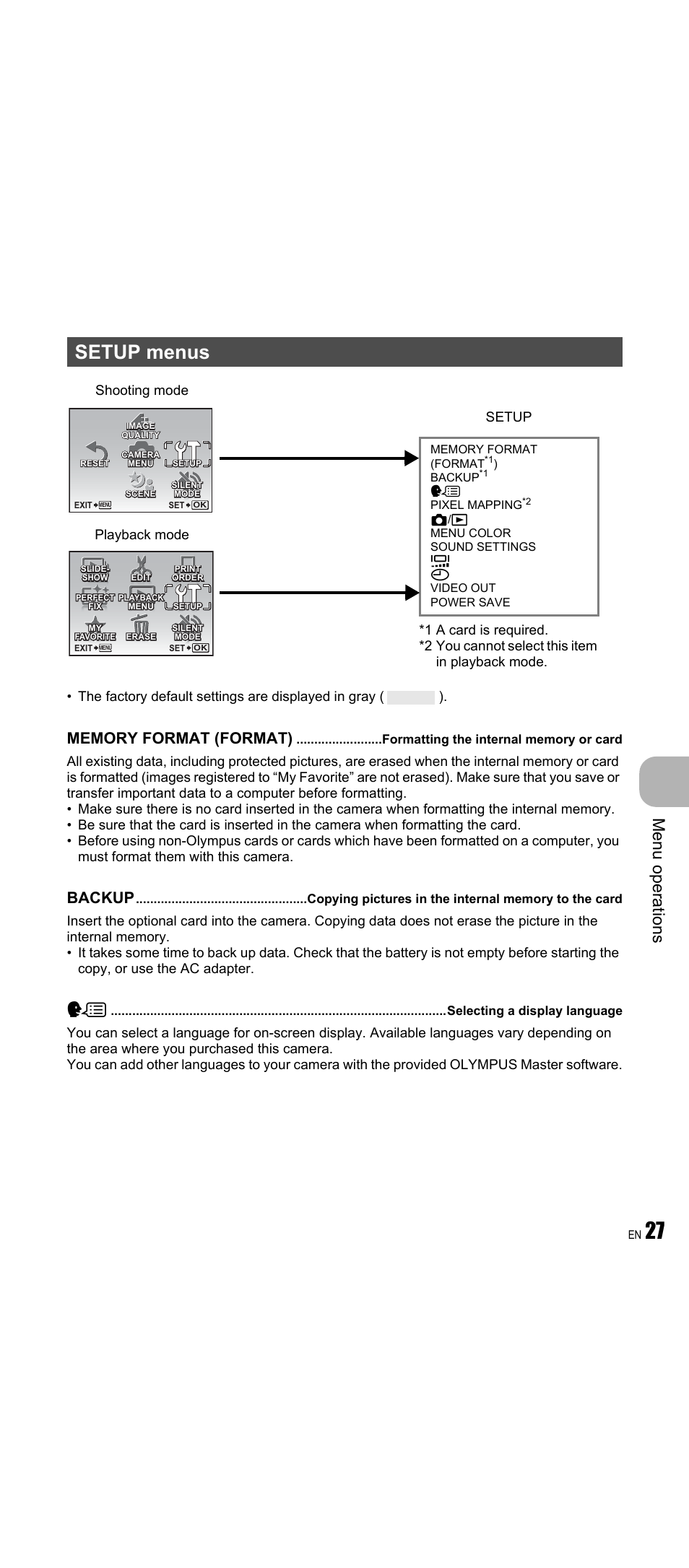 Setup menus, Formatting the internal memory or card, Selecting a display language | Me nu opera tions, Backup, Playback mode shooting mode | Olympus FE-350 Wide User Manual | Page 27 / 63