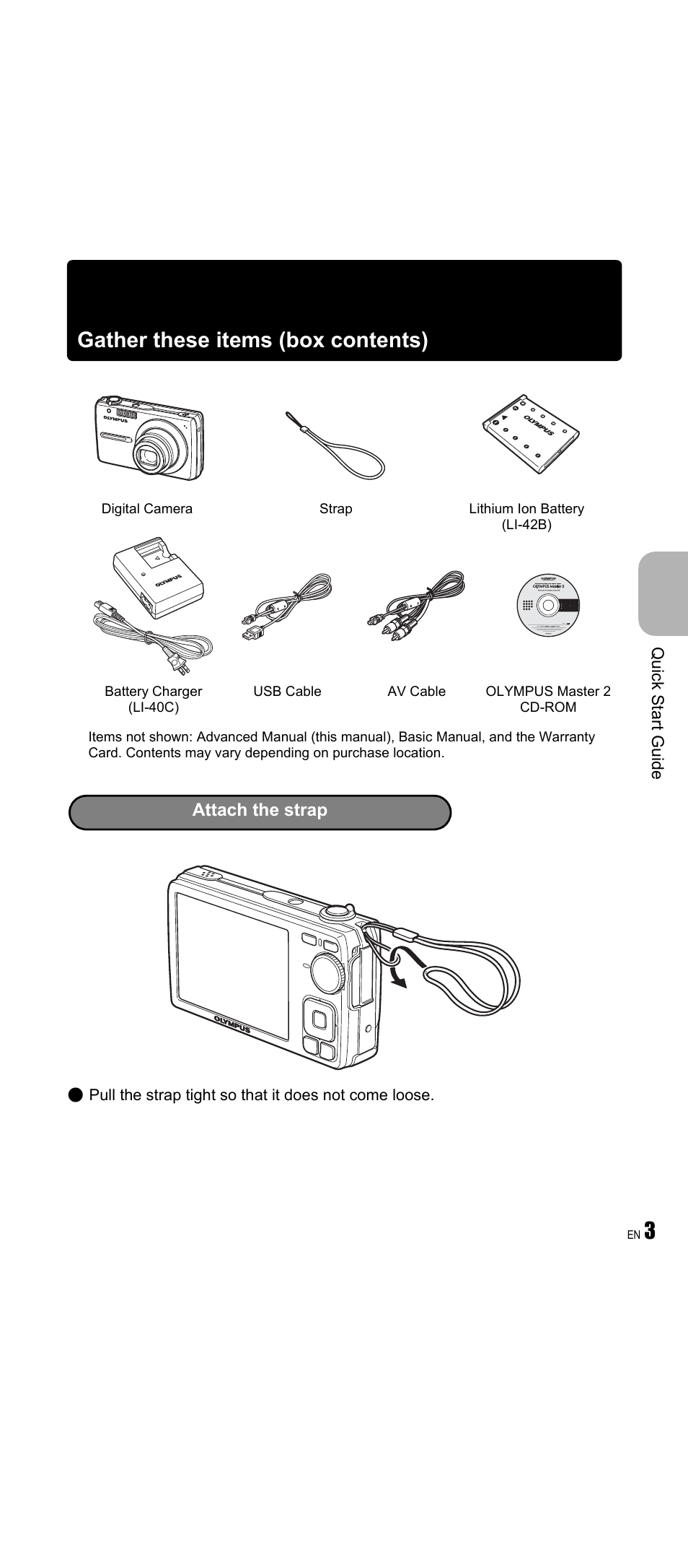 Quick start guide, P. 3, 3gather these items (box contents) | Olympus FE-350 Wide User Manual | Page 3 / 63