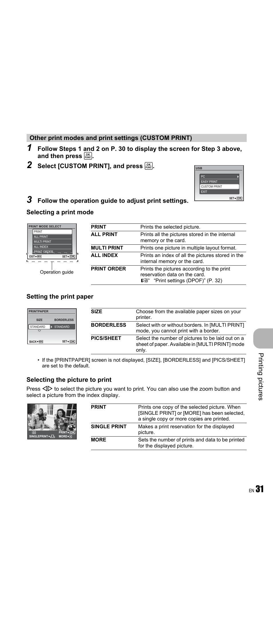 Pri n ting pi ct ures, Select [custom print], and press | Olympus FE-350 Wide User Manual | Page 31 / 63