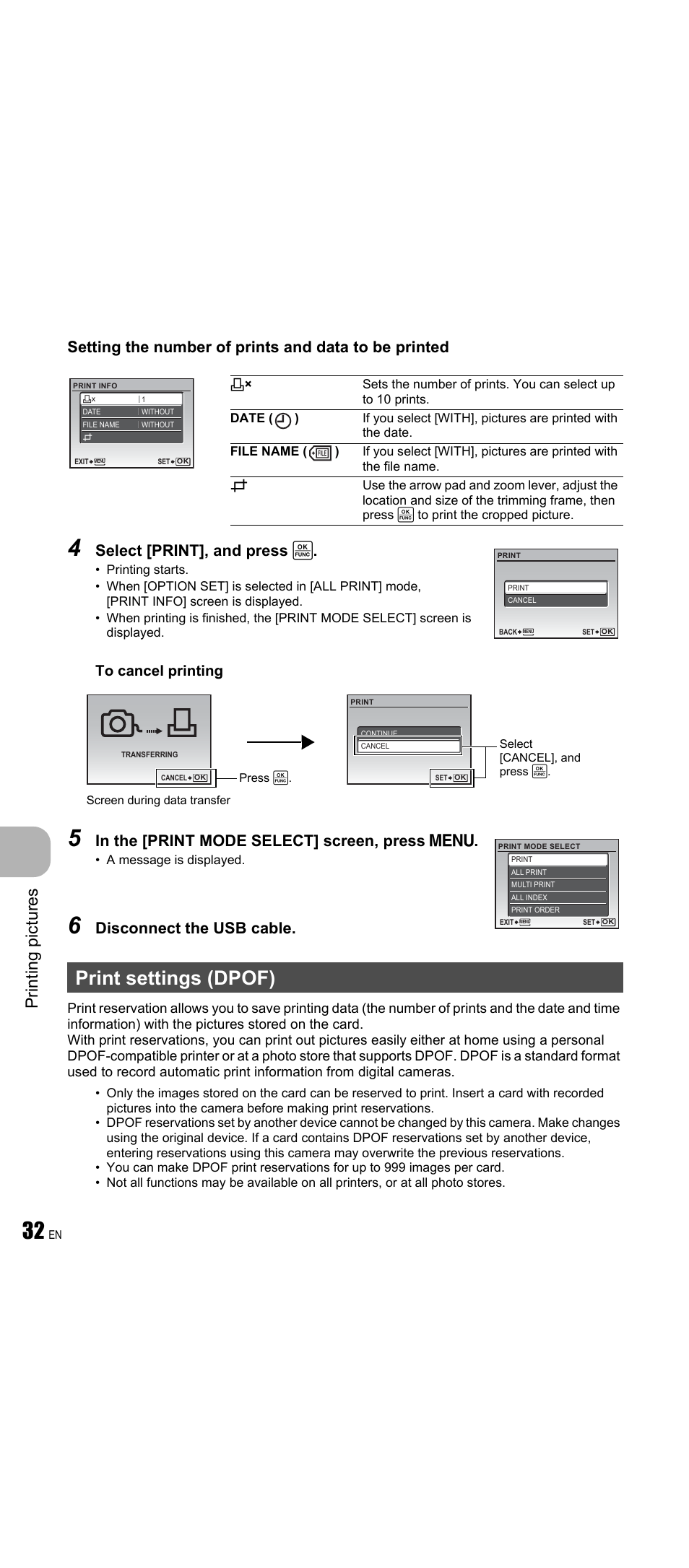 Print settings (dpof), Pri n ting pi ct ures, Select [print], and press | Disconnect the usb cable | Olympus FE-350 Wide User Manual | Page 32 / 63